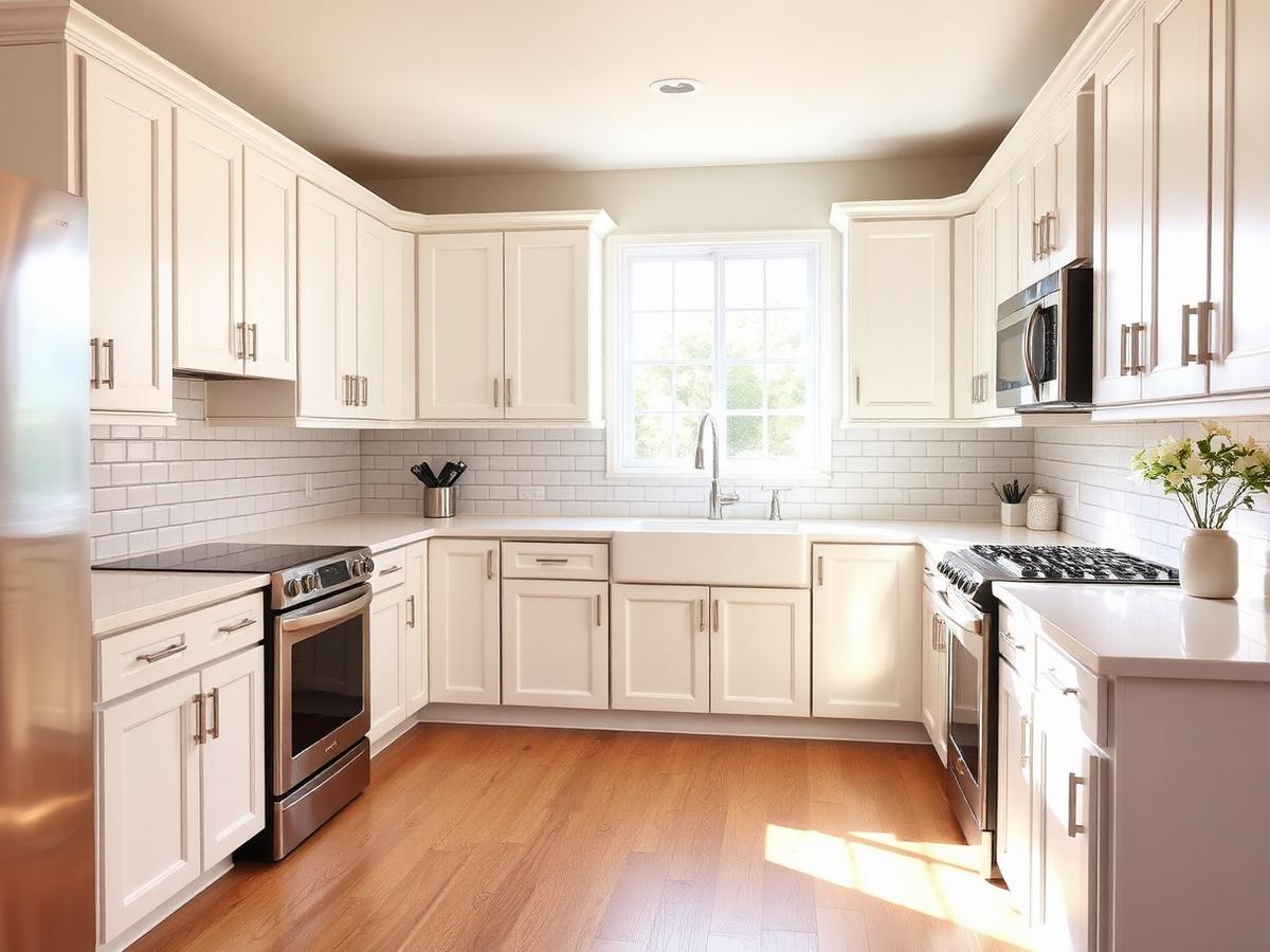 The same kitchen after remodeling with white shaker cabinets, quartz countertops, subway tile backsplash and stainless appliances