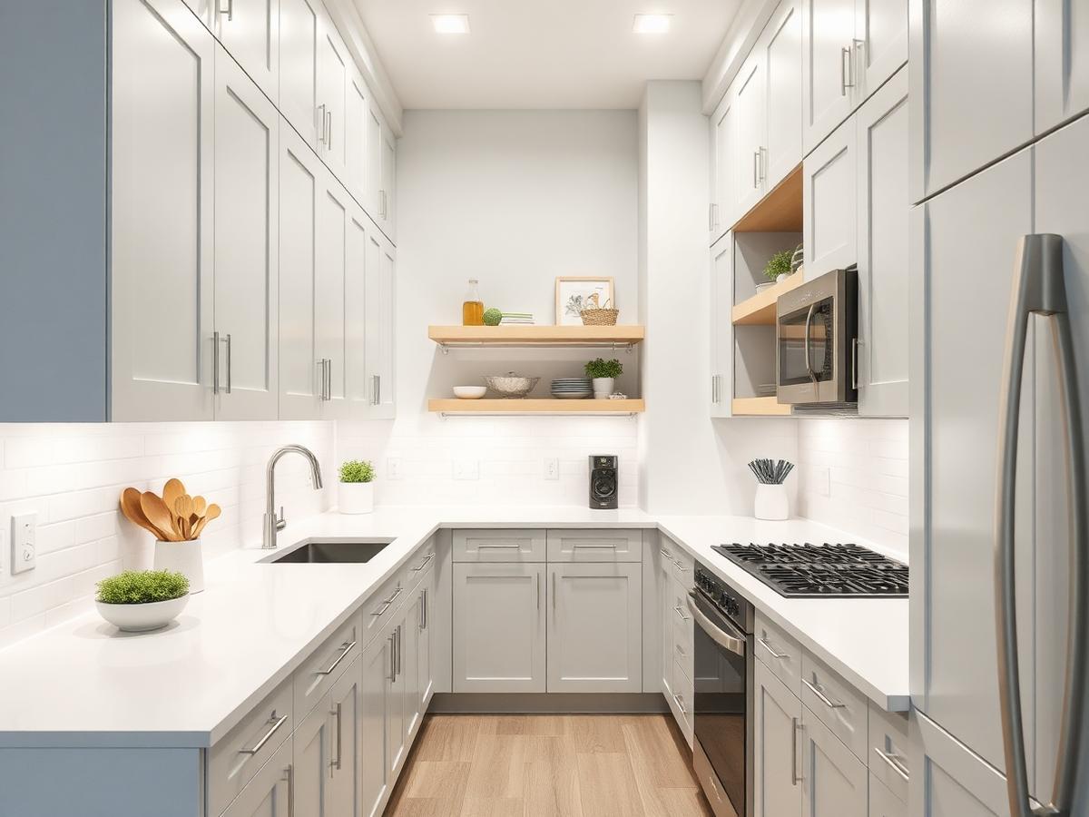 The same galley kitchen after remodeling with light gray cabinets, white quartz countertops, under-cabinet LED lighting and open wood shelving