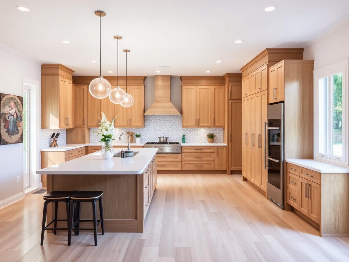 Open-concept kitchen after remodeling with white oak cabinetry, a quartz-topped island with stools and glass pendant lights