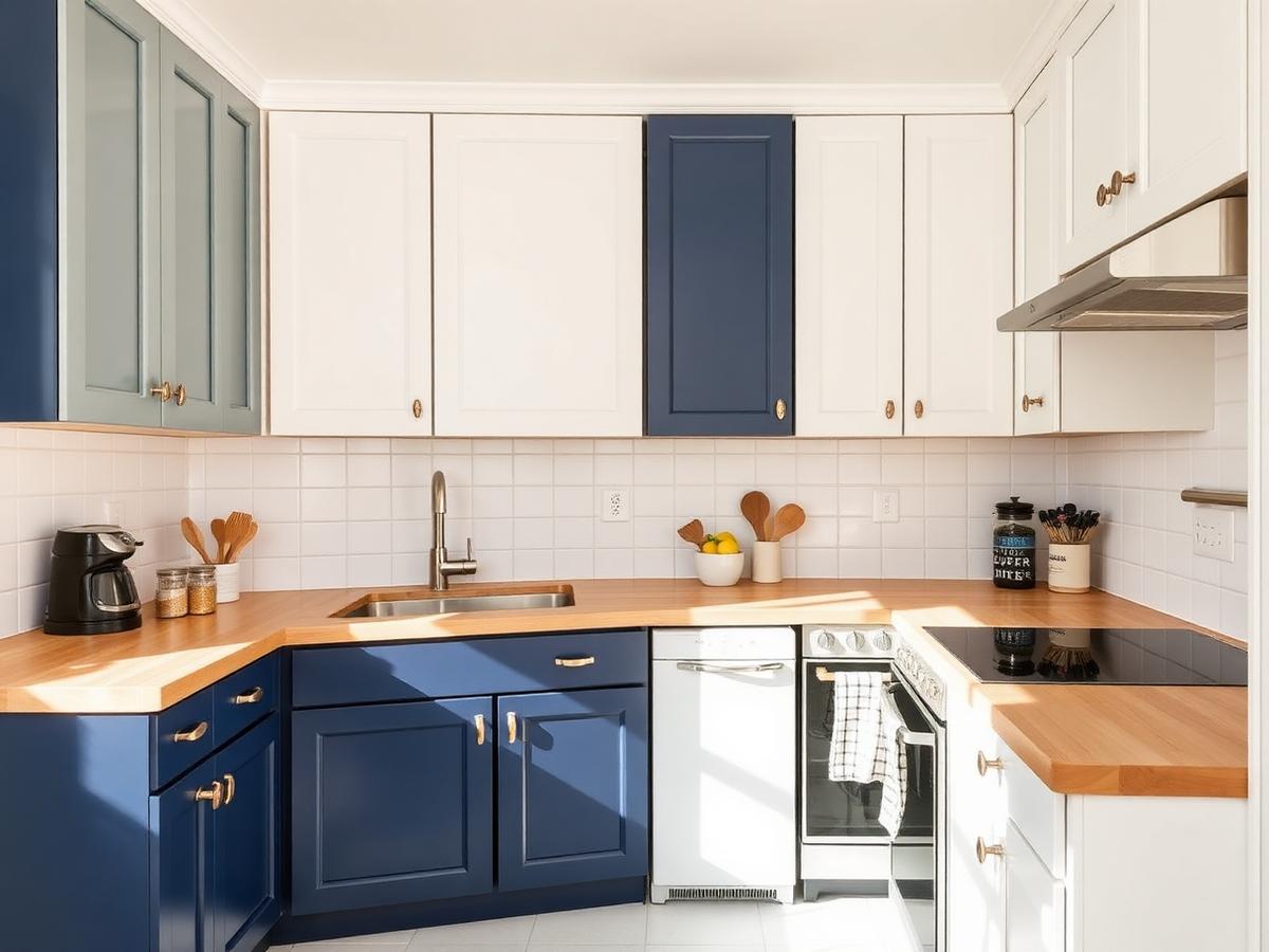The same rental kitchen after cabinet refacing with navy lower cabinets, white uppers, butcher-block counters and new brass hardware