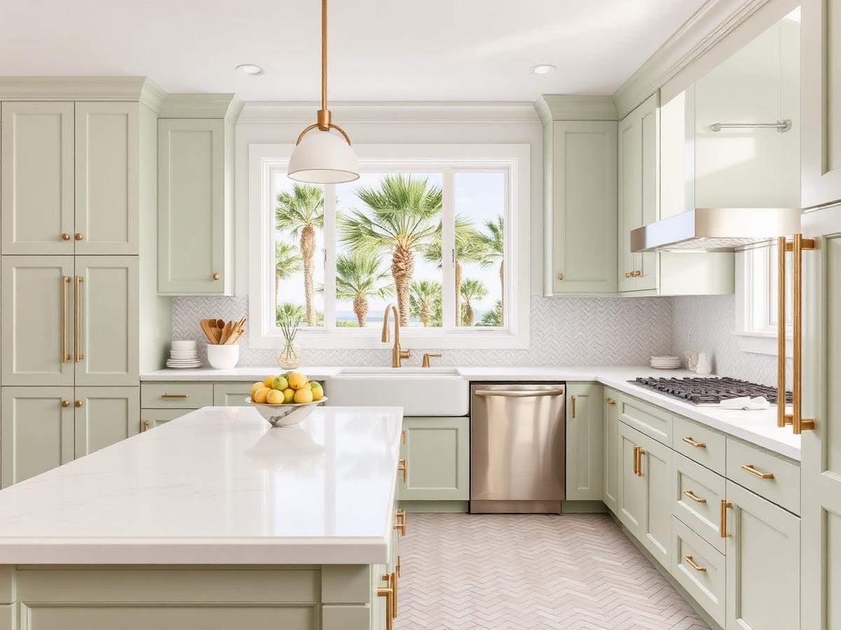Coastal-style kitchen after remodeling with sage green cabinets, white quartz counters, herringbone tile backsplash and brass fixtures