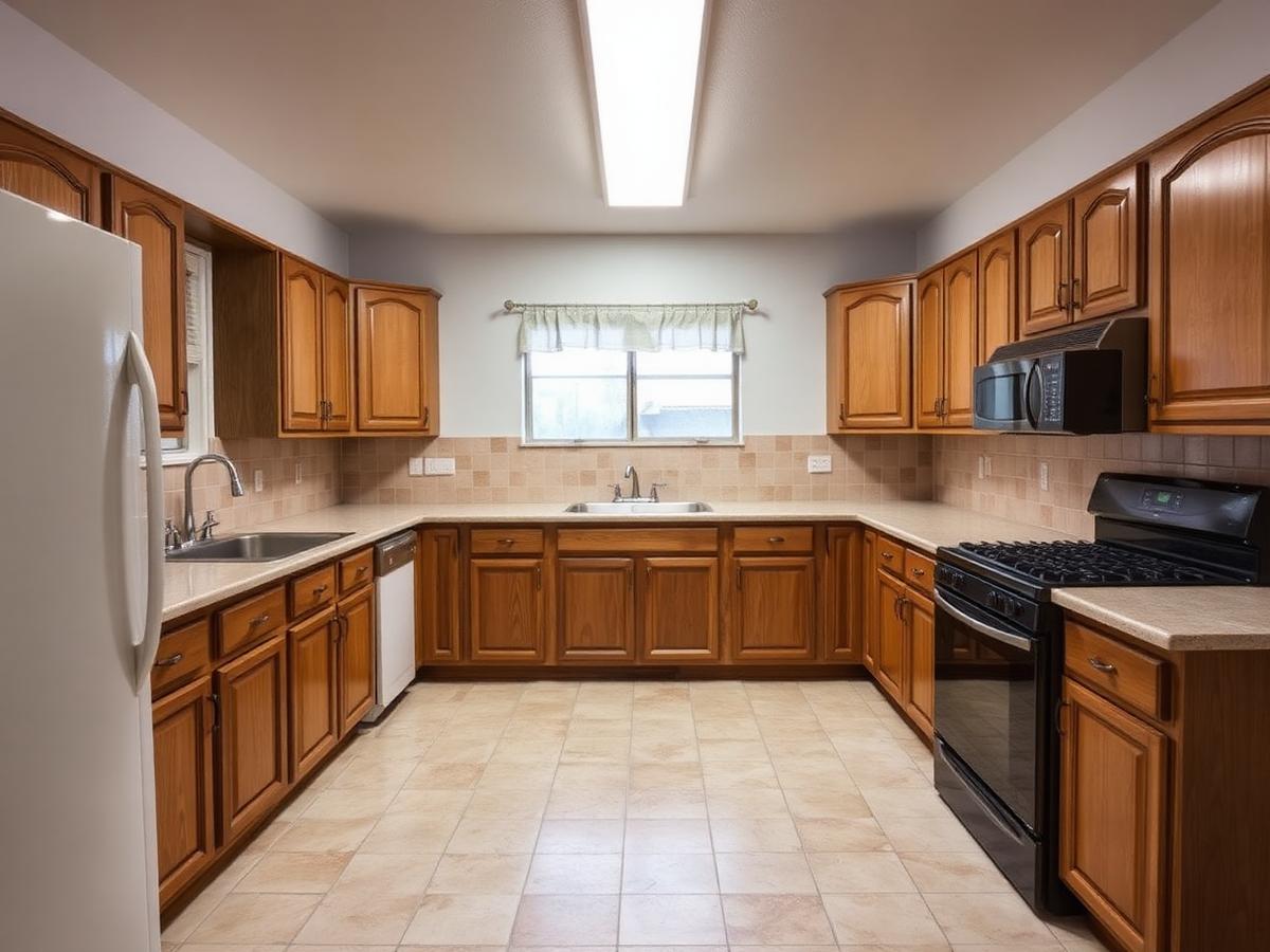 Dated kitchen before remodeling with honey oak raised-panel cabinets, beige laminate countertops and tile backsplash