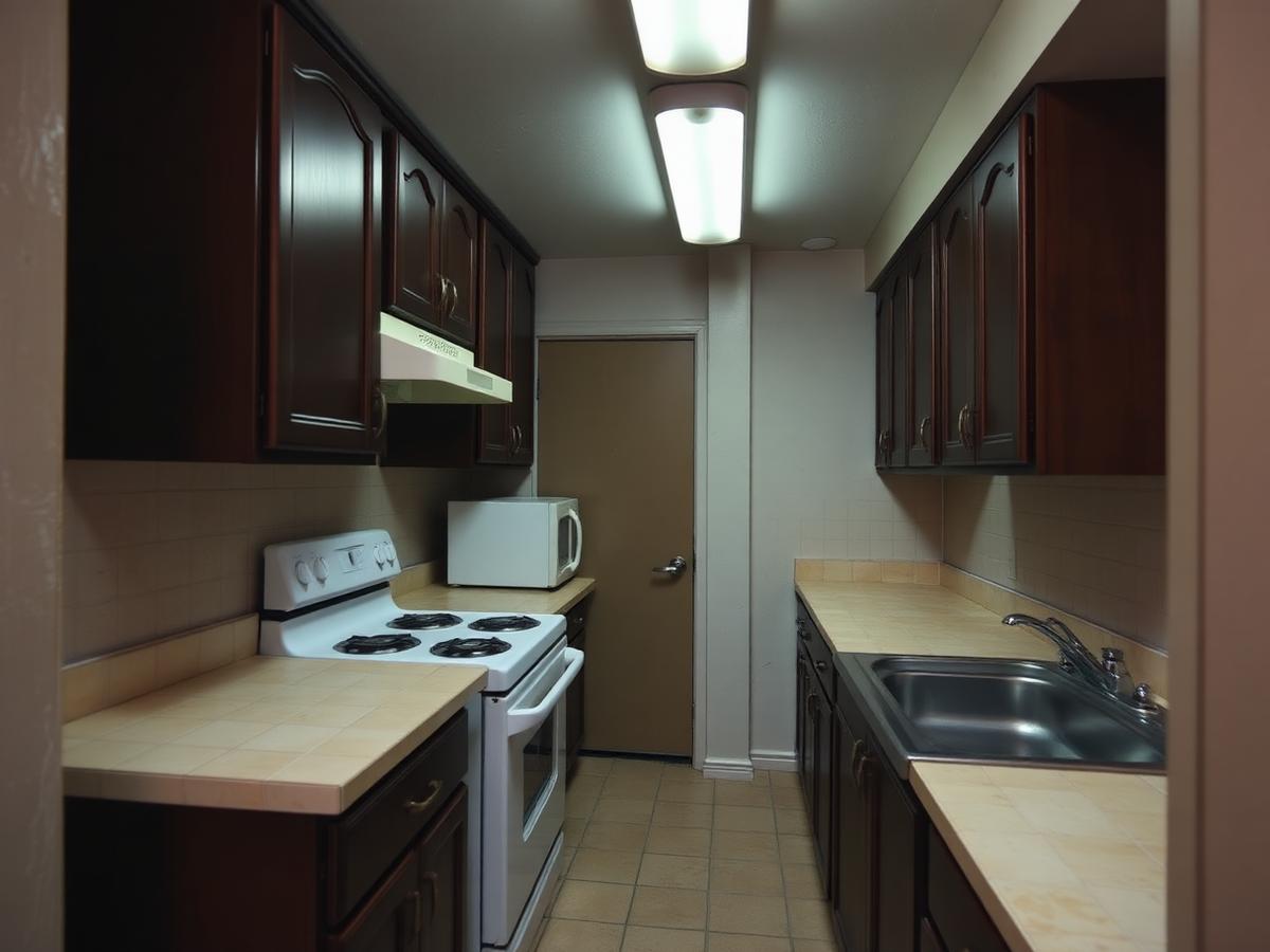 Narrow condo galley kitchen before remodeling with dark brown cabinets, tile countertops and a fluorescent ceiling fixture