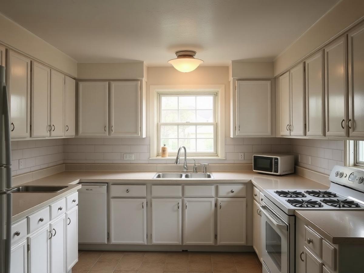 Closed-off kitchen before remodeling with dated white melamine cabinets, laminate counters and a single ceiling light