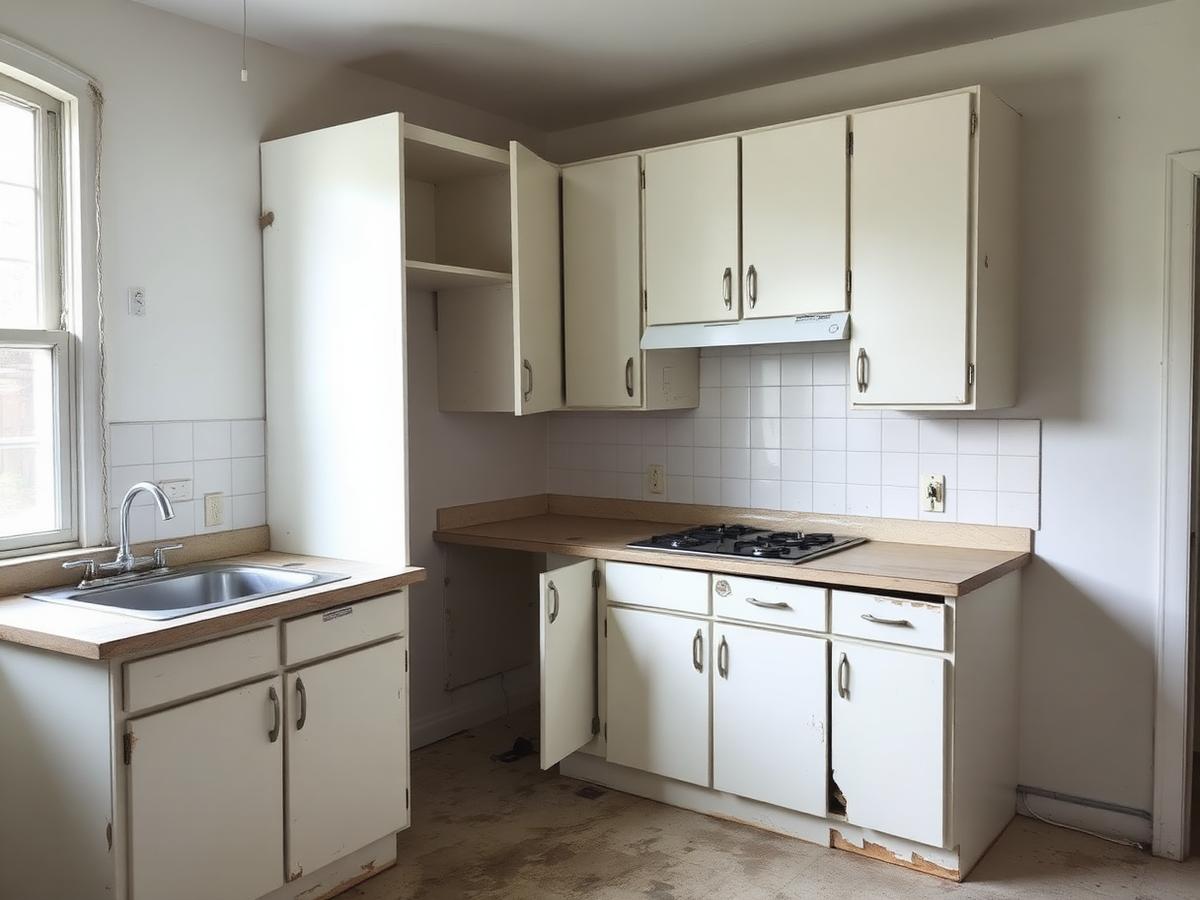 Worn rental kitchen before renovation with chipped white cabinets, a damaged countertop and a missing cabinet door