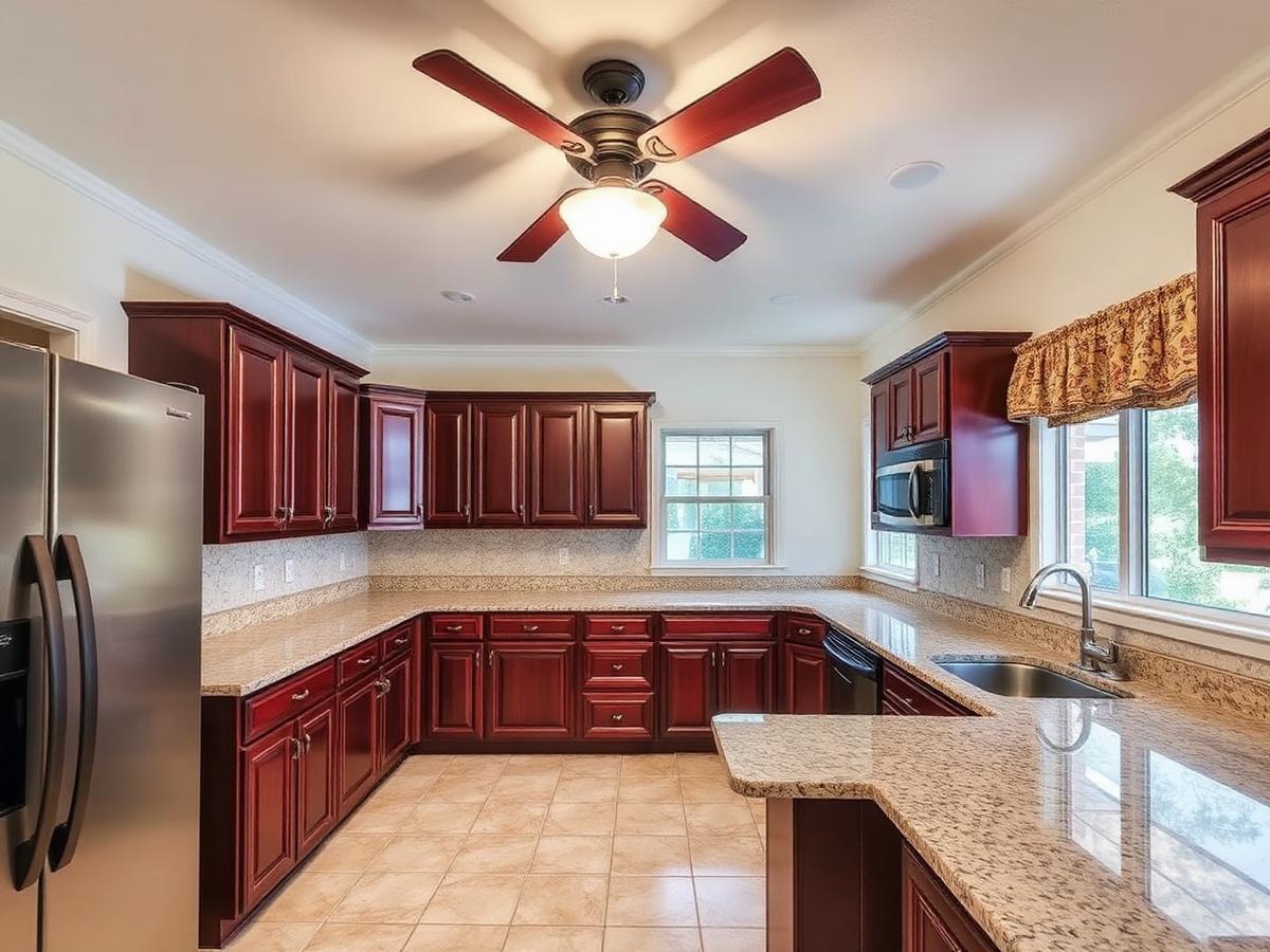 Ranch-home kitchen before remodeling with dark cherry cabinets, granite tile countertops and a dated ceiling fan light