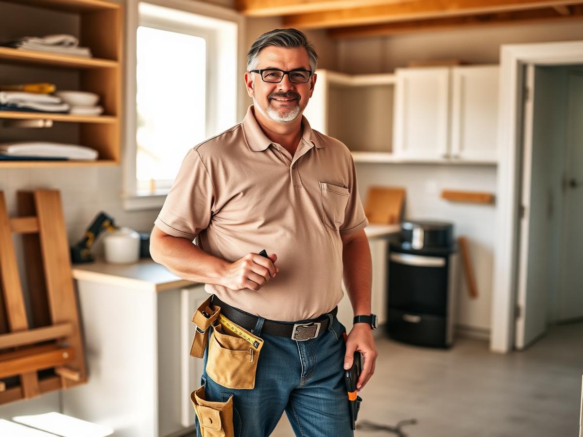 Illustration of a tradesperson working in a kitchen during a remodel